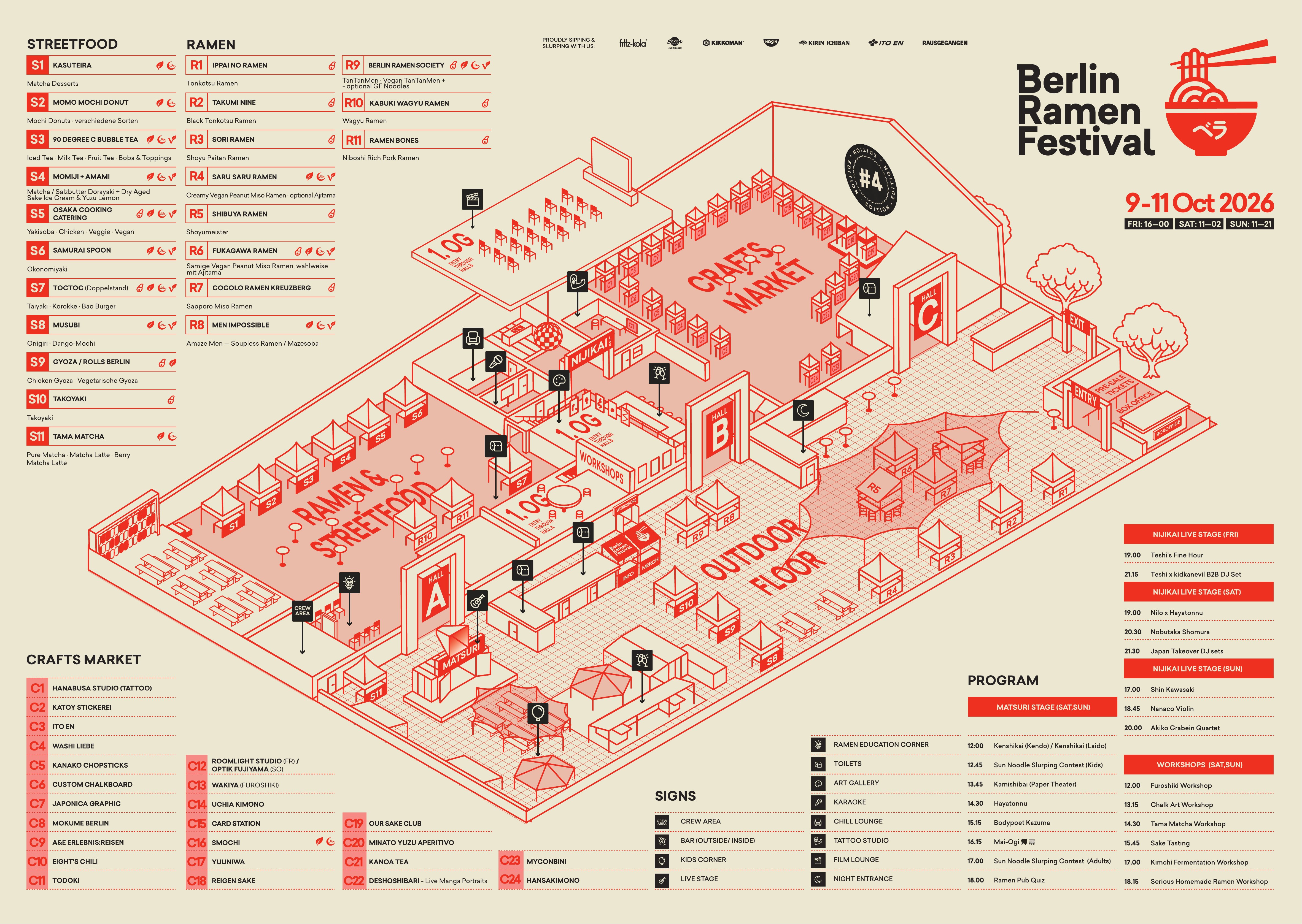 Official Berlin Ramen Festival visitor map of Komplex Berlin: Ramen & Streetfood hall A, Outdoor Floor B, Crafts Market C, stands R1–R11, S1–S11, C1–C24, stages and facilities.