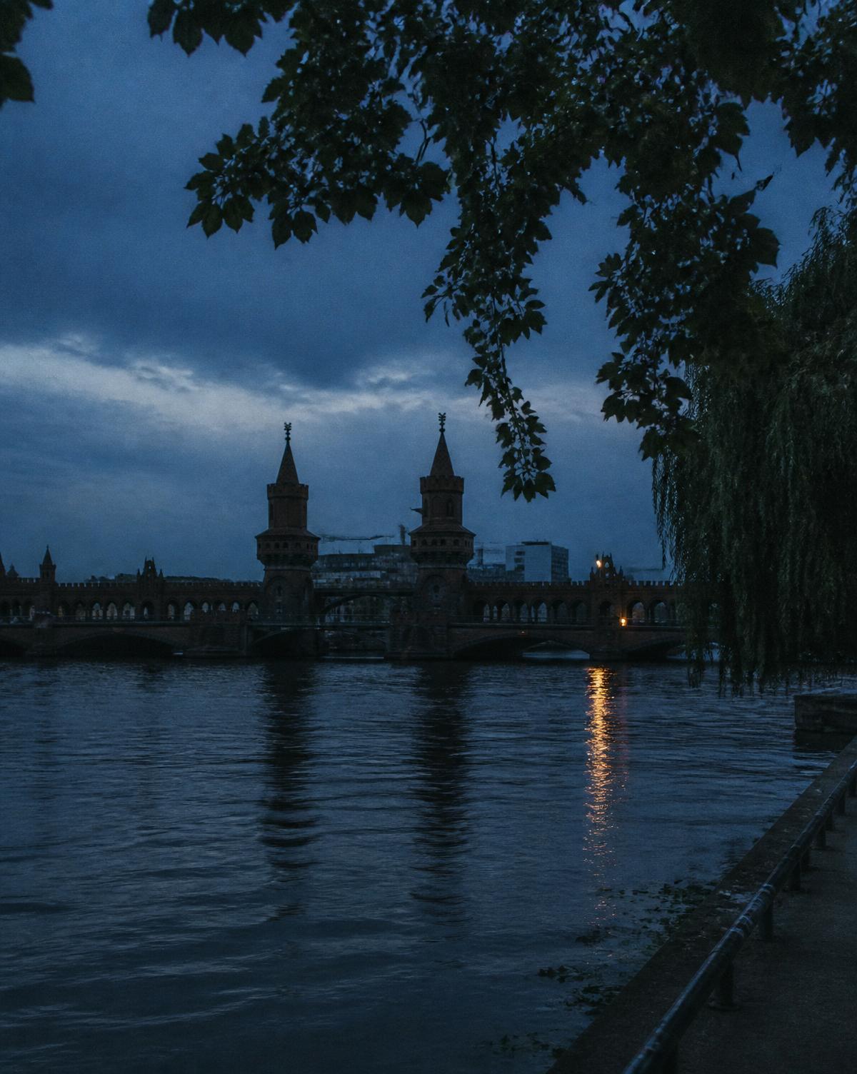 Berlin's Spree river at blue hour with the Oberbaumbrücke bridge