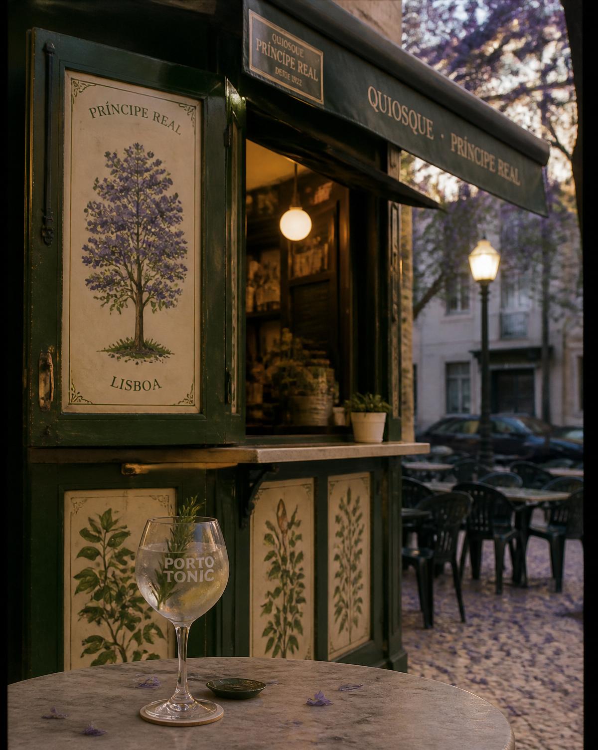 A Lisbon quiosque at dusk in Príncipe Real with a port tonic on a marble table