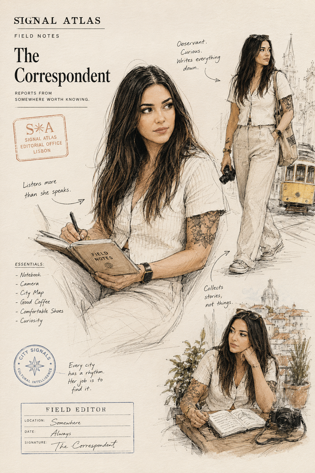 Editorial field-notes plate: The Smart Nomad, Signal Atlas field editor for Lisbon. Three pencil-and-ink vignettes of a dark-haired figure in ivory linen with a canvas tote, notebook and camera, on warm cream paper with a red editorial stamp.